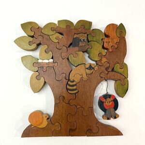 Vintage 1970s Wooden Puzzle Jenell Todd Woodland Animals Tire Swing Tree Painted